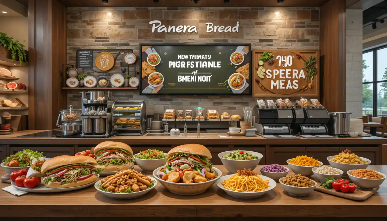 Realistic display of Panera Bread New Menu Items including sandwiches, salads, and bowls with visible Panera Bread logo on menu screen.