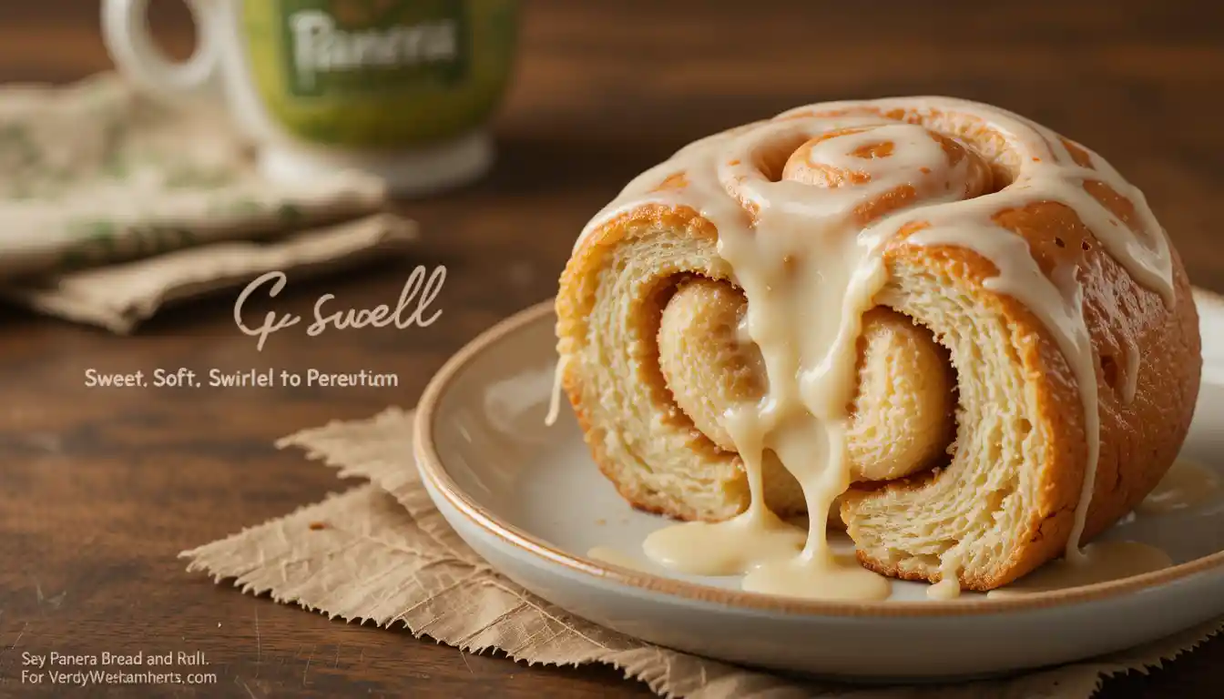 Panera Cinnamon Roll with icing drizzle on a plate, shown with Panera logo napkin and warm-toned background.