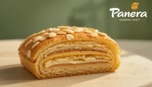 "Close-up shot of Panera Almond Pastry with golden, flaky layers and almond topping on a wooden surface."