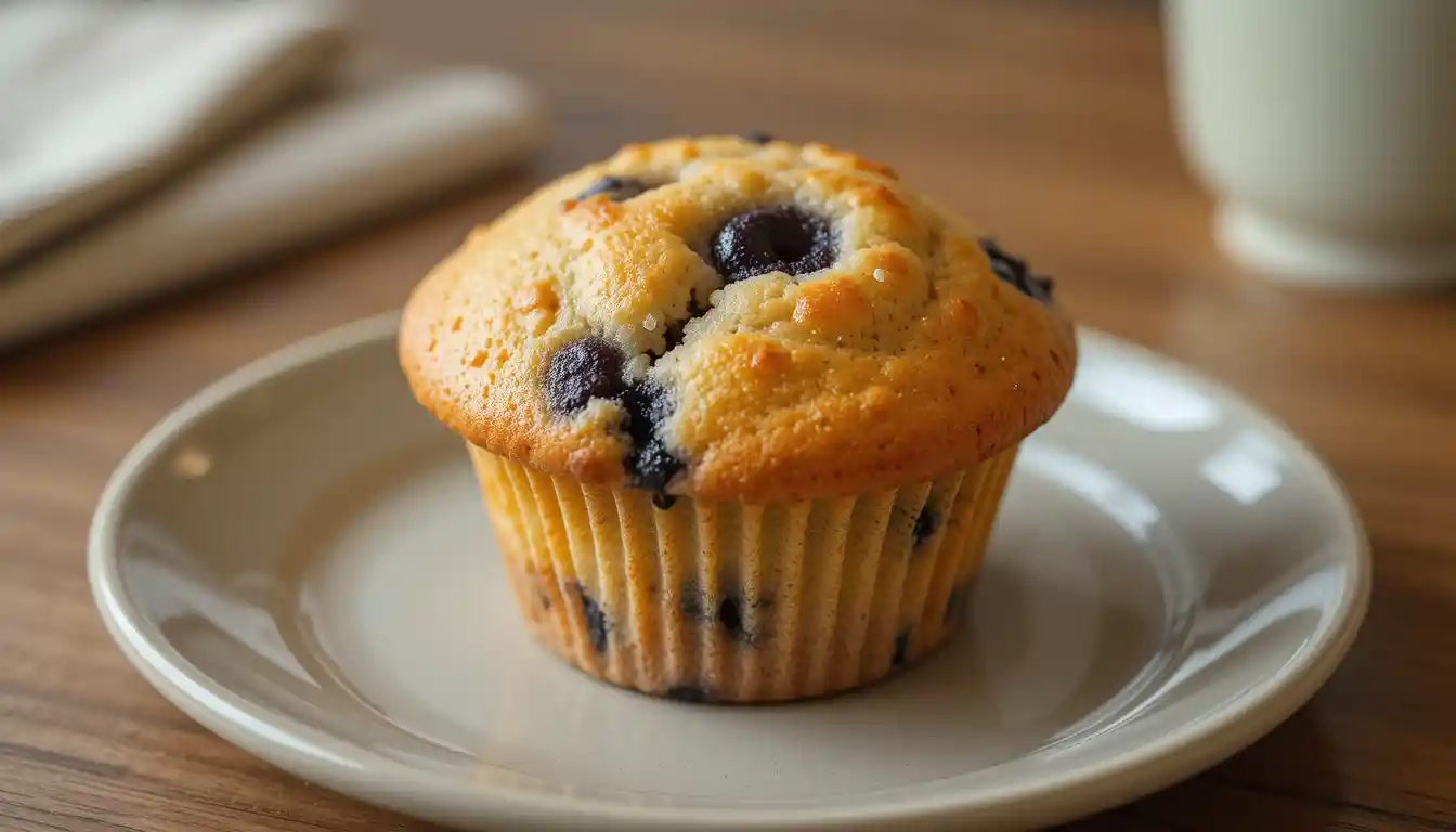 Panera Blueberry Muffin on ceramic plate with visible baked-in blueberries