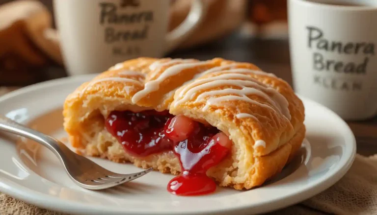 Panera Bread Cherry Pastry on a plate with cherry filling and light glaze, served with coffee in a cozy café setting featuring subtle Panera branding.