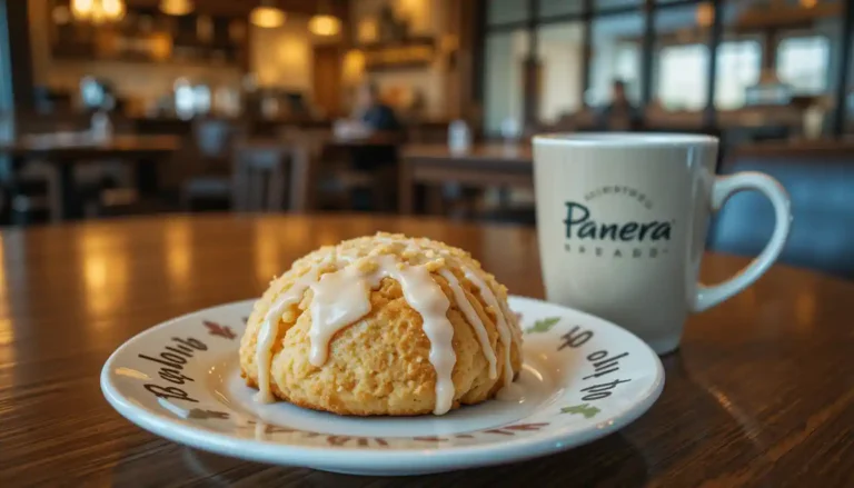 Panera Orange Scone with glaze on Panera Bread plate next to branded coffee cup