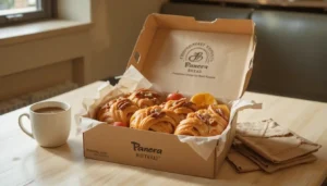 "Panera Pecan Braid Boxed Breakfast on a light wooden table with golden-brown pastry, caramelized pecans, fresh fruit, a napkin, and a coffee cup, featuring the Panera Bread logo on the box and background wall in a cozy café setting."