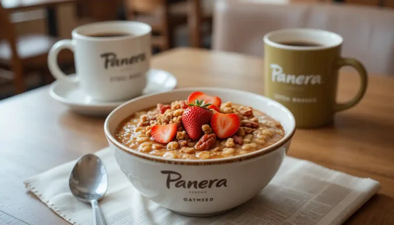 Panera steel cut oatmeal with strawberries, pecans, and cinnamon crunch in Panera bowl