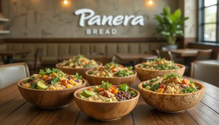 Panera bread bowls menu displayed in a cozy restaurant setting with hearty grain and soup bowls, fresh ingredients, and the Panera Bread logo in the background