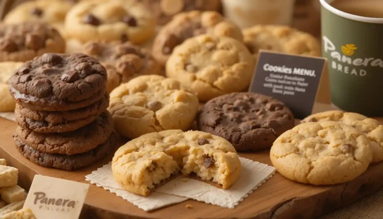 "Panera Bread Cookies Menu with assorted cookies like chocolate chip and oatmeal raisin displayed on tray with visible Panera Bread logo"