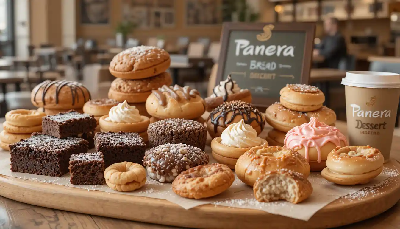 "Panera Bread Desserts Menu with cookies, brownies, and pastries on display near menu board and visible Panera Bread logo"