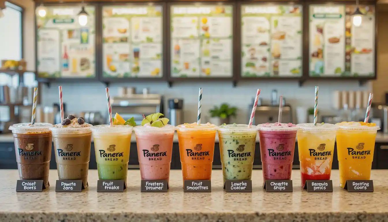 "Panera Bread Drink Menu showing iced coffee, smoothies, and lemonades in branded cups with menu board and logo in background"