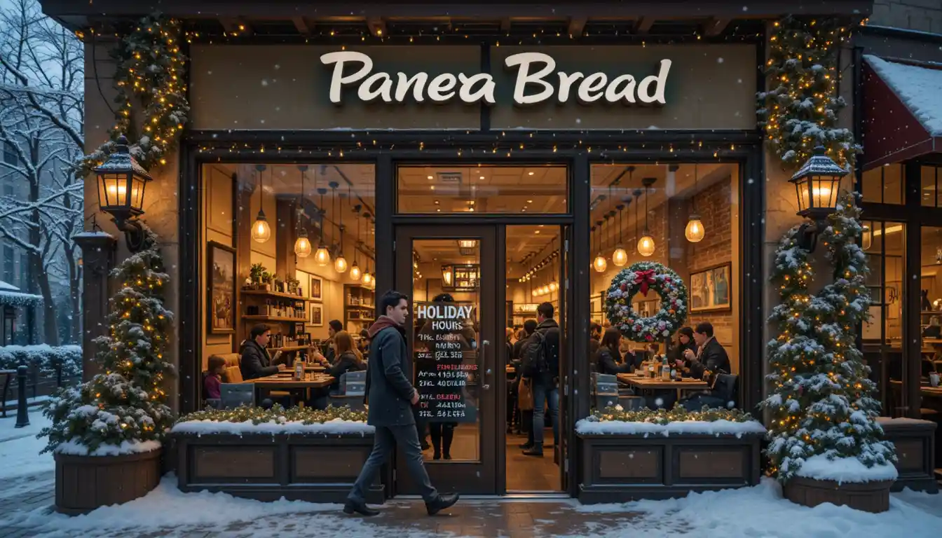 "Panera Bread holiday hours sign on decorated storefront with festive lights, snow, and visible Panera Bread logo"