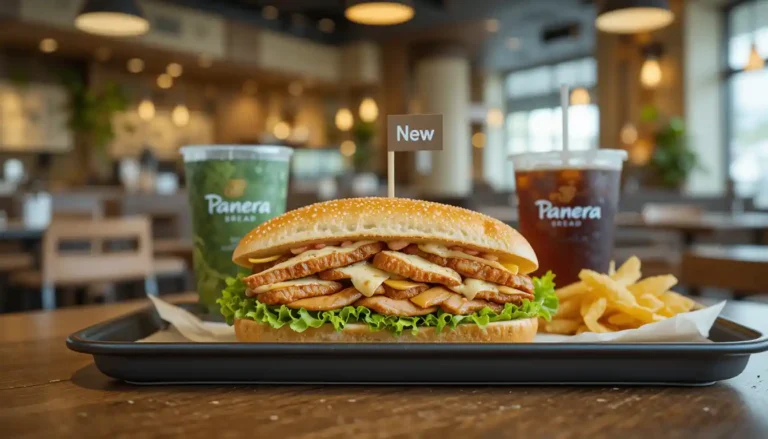 "Panera Bread new sandwich featuring fresh ingredients on artisan bread, served with sides and visible Panera Bread logo in café setting"