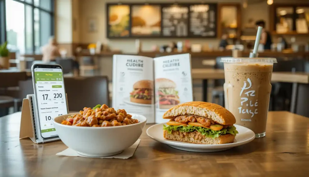 "Panera Bread nutritional information displayed on app screen beside healthy meal with grain bowl, sandwich, and smoothie, Panera logo visible"
