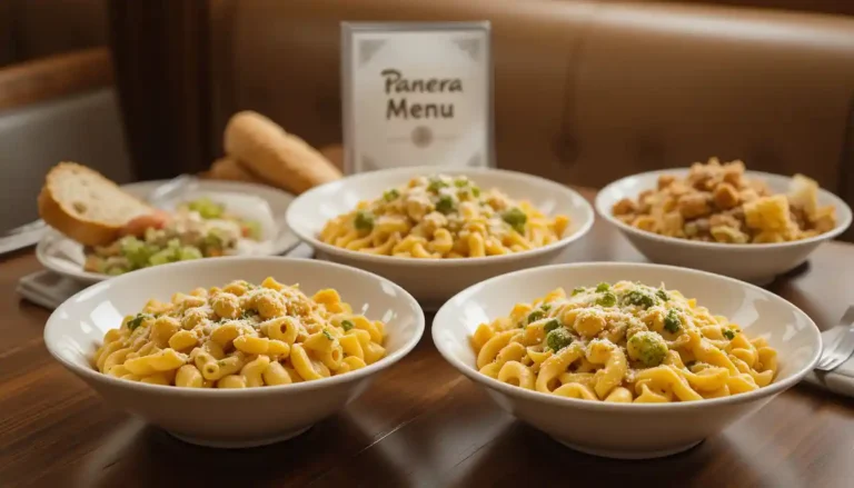 "Panera Bread Pasta Menu featuring mac & cheese, tortellini, and broccoli cheddar pasta bowls served with baguette and visible Panera Bread logo"