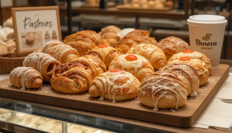 "Panera Bread Pastries Menu with croissants, danishes, cinnamon rolls, and scones on bakery counter with visible Panera Bread logo"