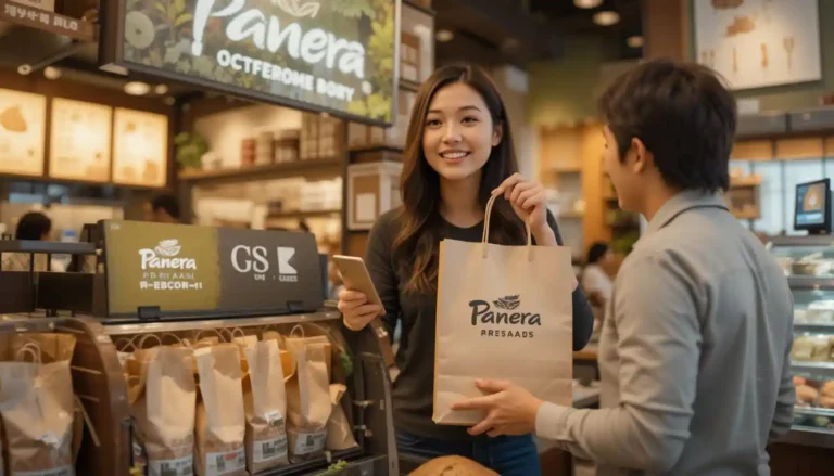 "Panera Bread pickup scene showing customer collecting order bag from pickup shelf inside restaurant with visible Panera logo