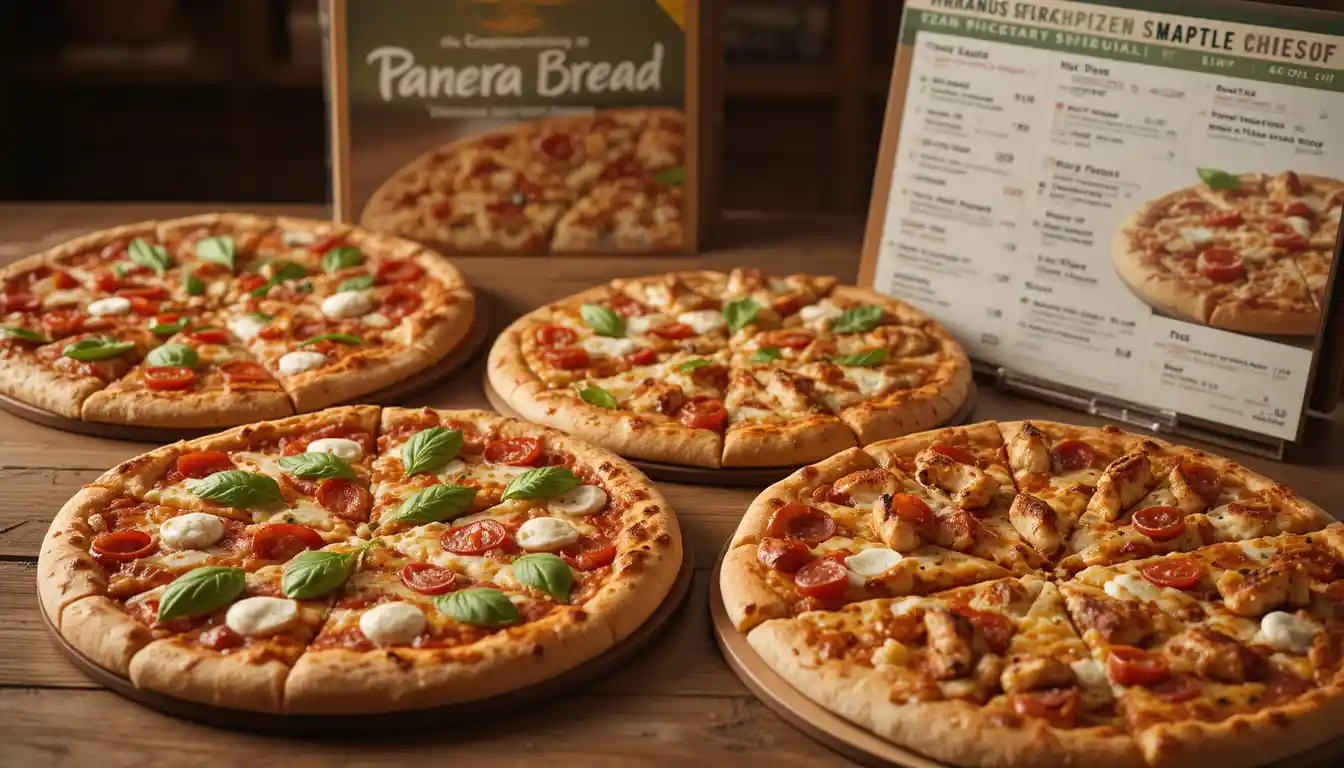 "Panera Bread pizza menu with flatbread pizzas like Margherita and Pepperoni on table, Panera logo and menu visible in background"
