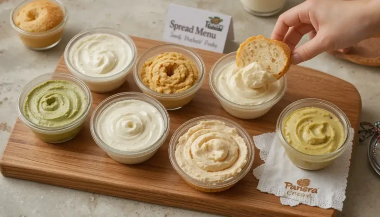 "Panera Bread Spread Menu featuring cream cheese, hummus, and avocado spreads with bagels on display and visible Panera Bread logo"