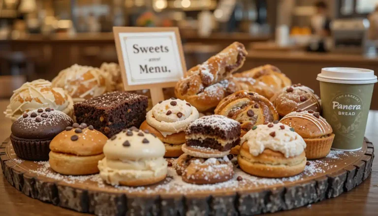 "Panera Bread Sweets Menu with cookies, brownies, cinnamon rolls, and pastries displayed in bakery setting with visible Panera Bread logo"