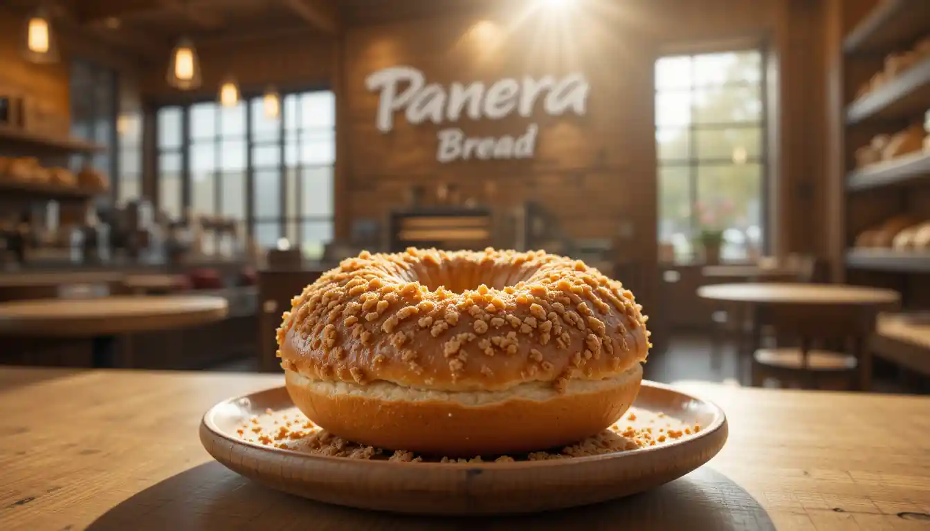 Freshly baked panera cinnamon crunch bagel served on a wooden plate inside a Panera Bread restaurant, with the Panera logo visible in the background.