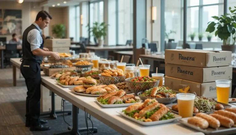 "Panera delivery catering setup with sandwiches, salads, and pastries served in branded trays at an office event with Panera Bread logo visible