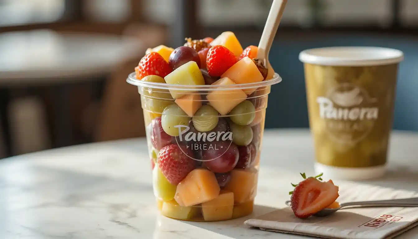 "Panera Fruit Cup with fresh-cut grapes, strawberries, and melon served in clear cup with visible Panera Bread logo"