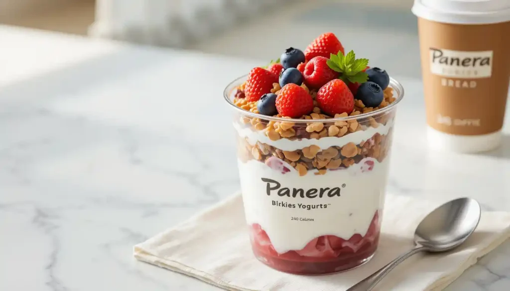 "Panera Greek Yogurt Parfait with Mixed Berries layered with granola in clear cup on table with visible Panera Bread logo"