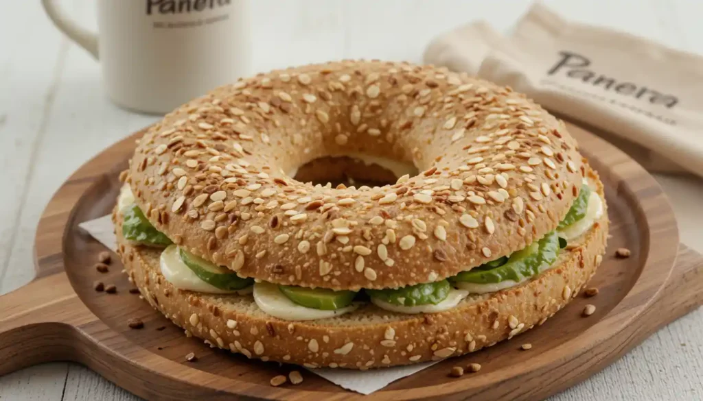 "Panera Multigrain Bagel Flat topped with seeds, served with cream cheese or sandwich-style on plate with visible Panera Bread logo"