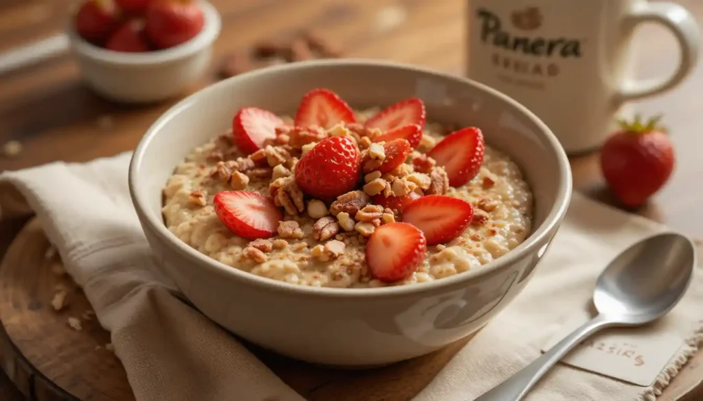 "Panera Oatmeal with Strawberries and Pecans served in a bowl with fresh toppings and Panera Bread logo visible on napkin or cup"