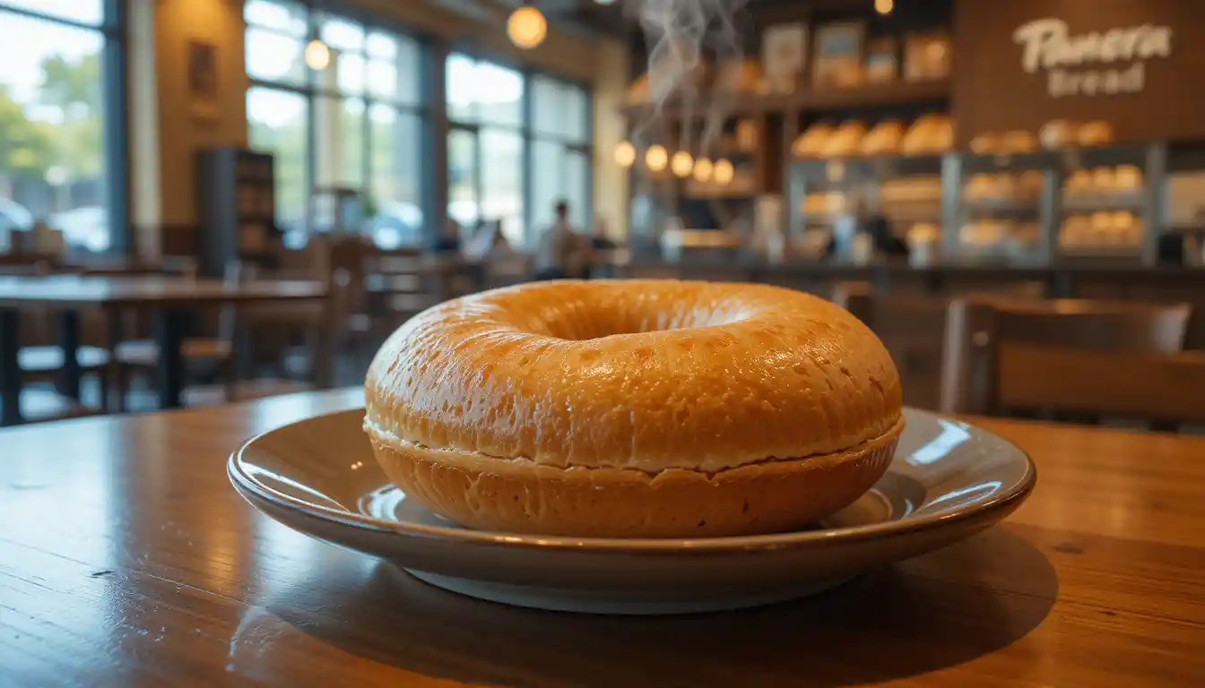 Panera plain bagel served fresh on a plate inside a Panera Bread restaurant with the Panera logo in the background.