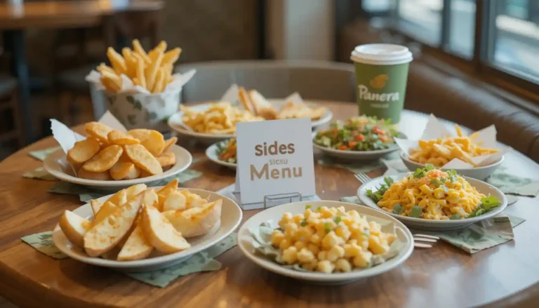 "Panera Sides Menu with chips, apple slices, mac & cheese, and salad served on café table with visible Panera Bread logo"