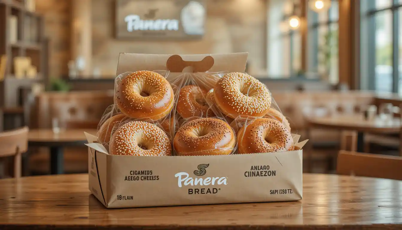 Panera Bread Bakers Dozen Bagels pack with 13 assorted fresh bagels in branded packaging, set on a café table in a cozy and well-lit setting.