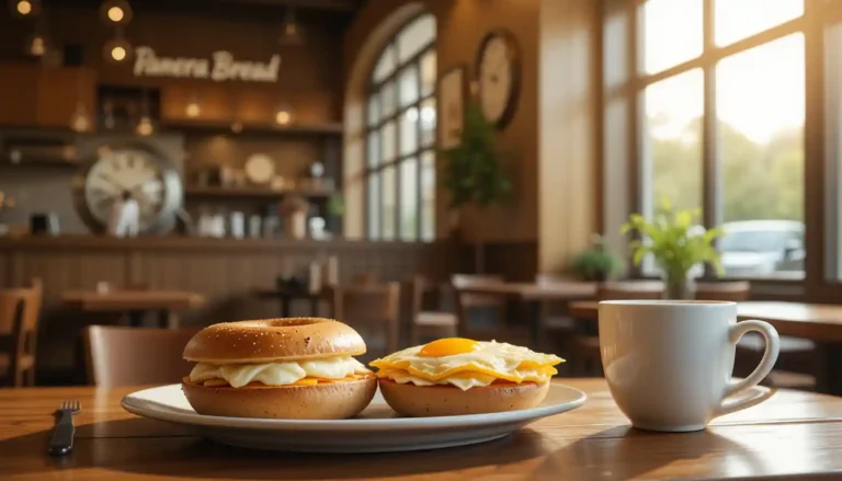 Panera Bread breakfast Hours with items including a bagel, egg sandwich, and coffee served during morning hours inside a cozy café setting.