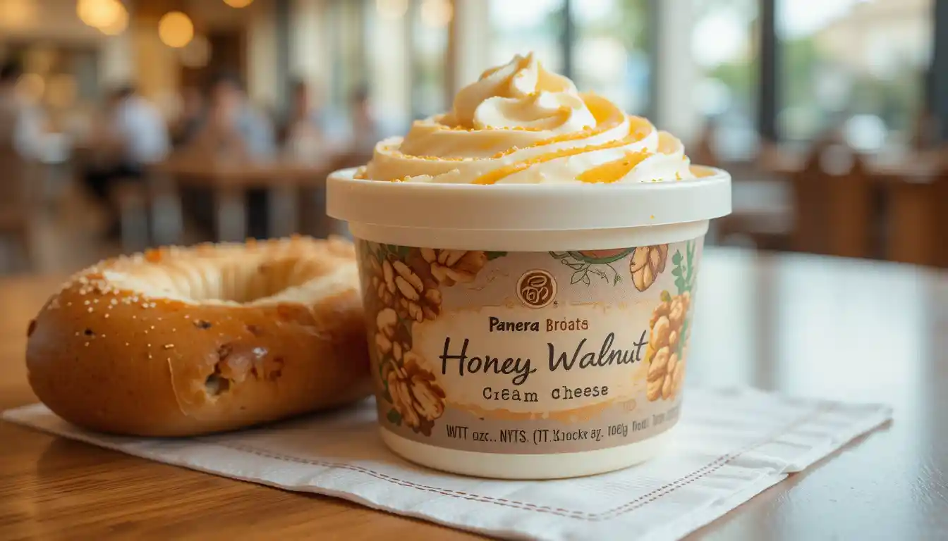 Panera Bread Honey Walnut Cream Cheese with visible walnut pieces and honey swirl in a branded container, served with a bagel in a cozy café setting.