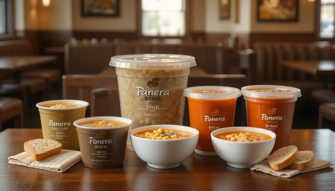 Panera Bread soup sizes including cup, bowl, bread bowl, You Pick Two portion, and group-size container, each filled with signature soups and served in a cozy café setting with branded elements.
