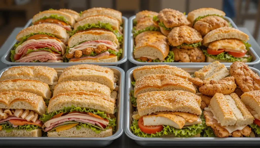 Panera Bread sandwich assortments with fresh deli sandwiches on catering trays for group meals.