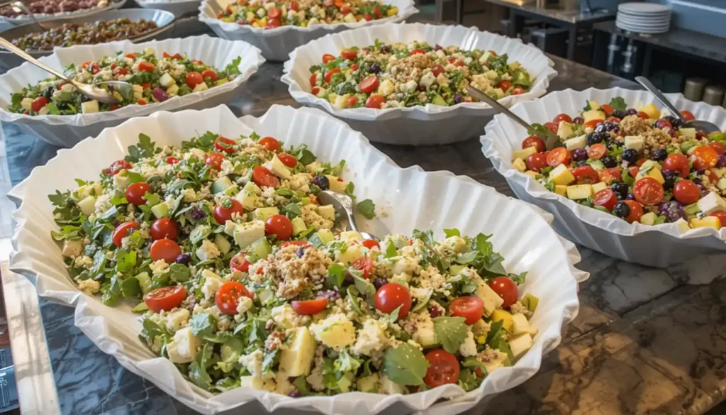 Fresh Panera Bread salads in catering bowls with toppings and dressings for group events.
