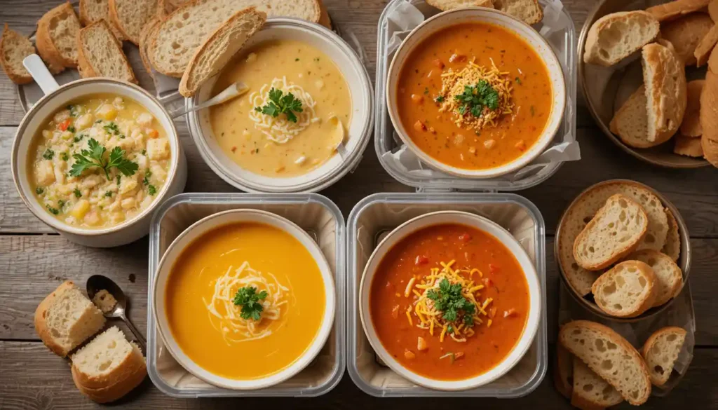 Panera Bread soups with bread bowls and sides arranged for catering service.