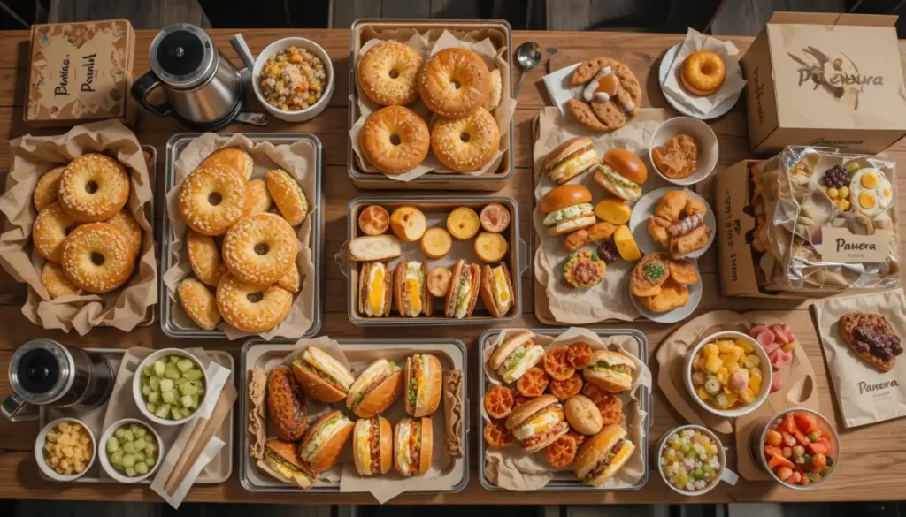 Panera Bread breakfast catering options with bagels, pastries, breakfast sandwiches, coffee, and fruit trays arranged for a morning event