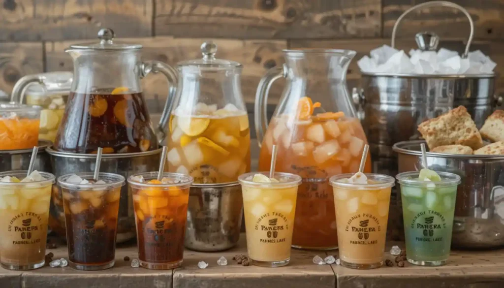 Panera Bread beverages with coffee, tea, and lemonade carafes for catering events.