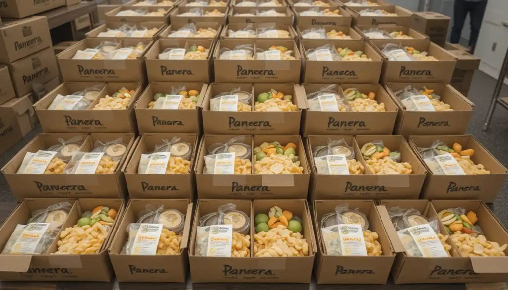 Panera Bread boxed lunches with sandwiches, chips, fruit, and a cookie packed in catering boxes.