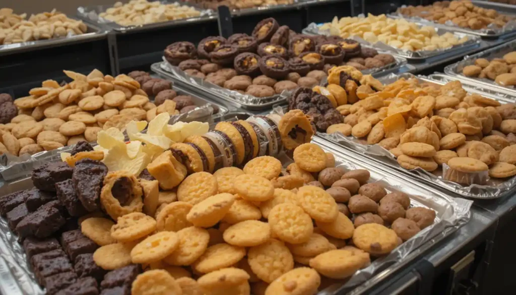 Panera Bread sweets and sides including cookies, brownies, and chips on catering platters.