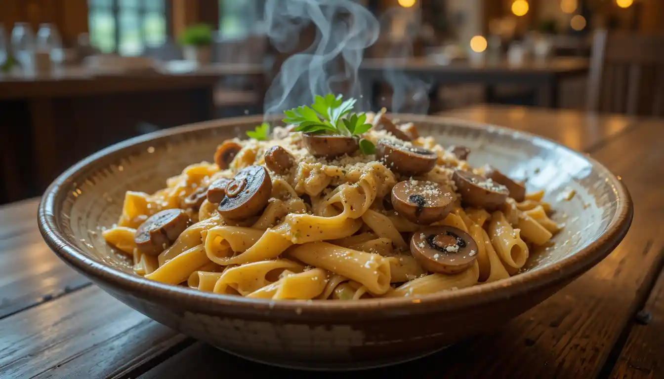 Hyper-realistic creamy mushroom rigatoni pasta with parmesan, mushrooms, and parsley in a rustic bowl