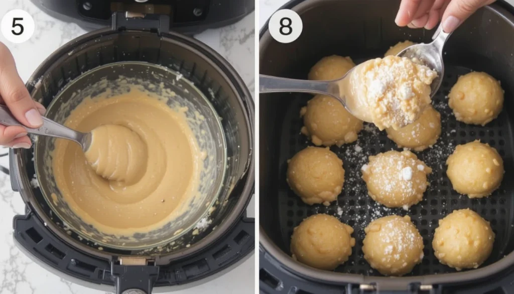 Step-by-step instructions for making Air Fryer Funnel Cake Bites from batter to golden sugar-dusted bites
