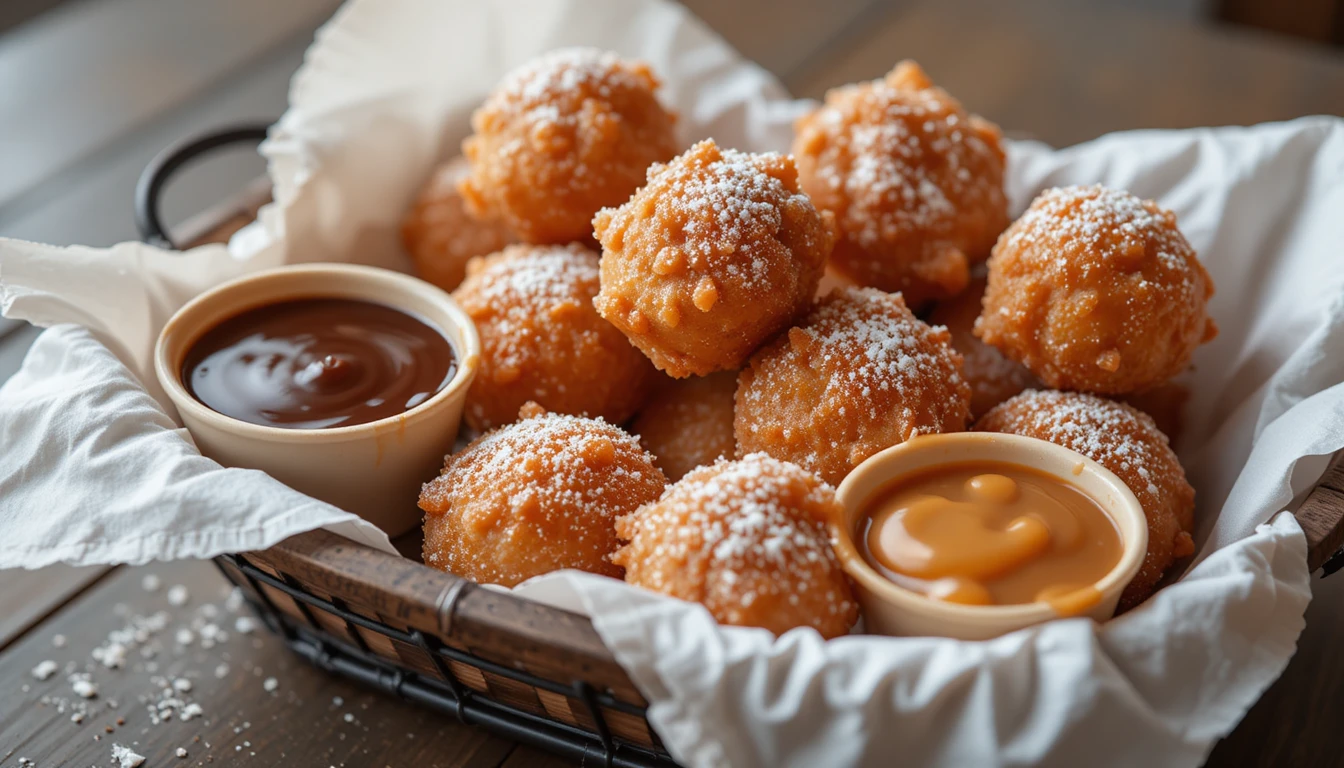 Air Fryer Funnel Cake Bites dusted with powdered sugar and served with chocolate and caramel dips.