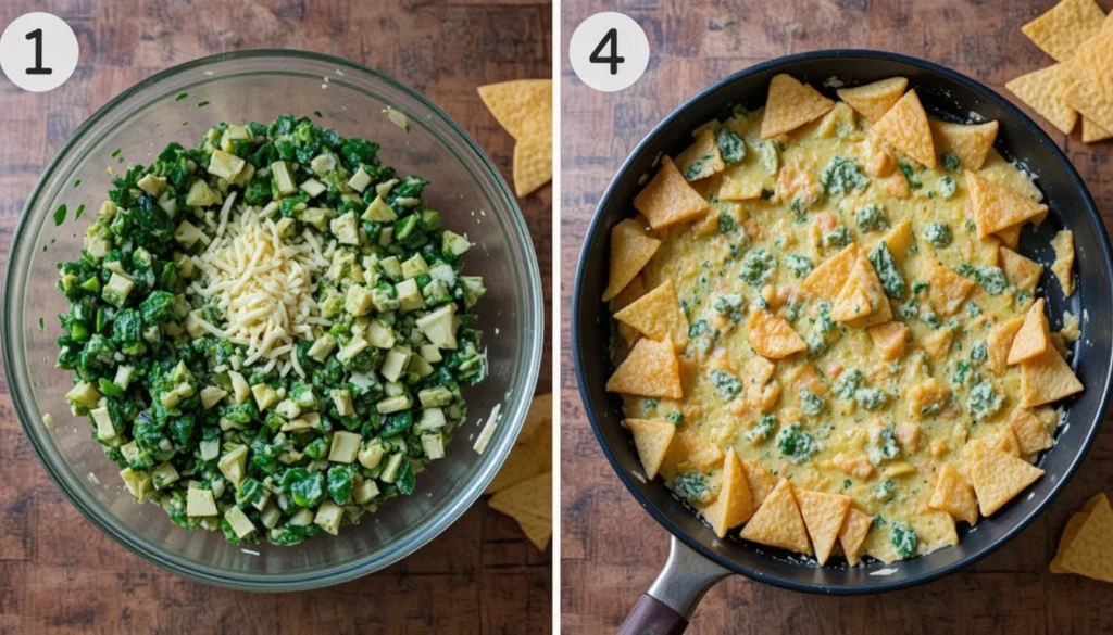 Step-by-step instructions for preparing Applebee’s Spinach Artichoke Dip from mixing to baking.