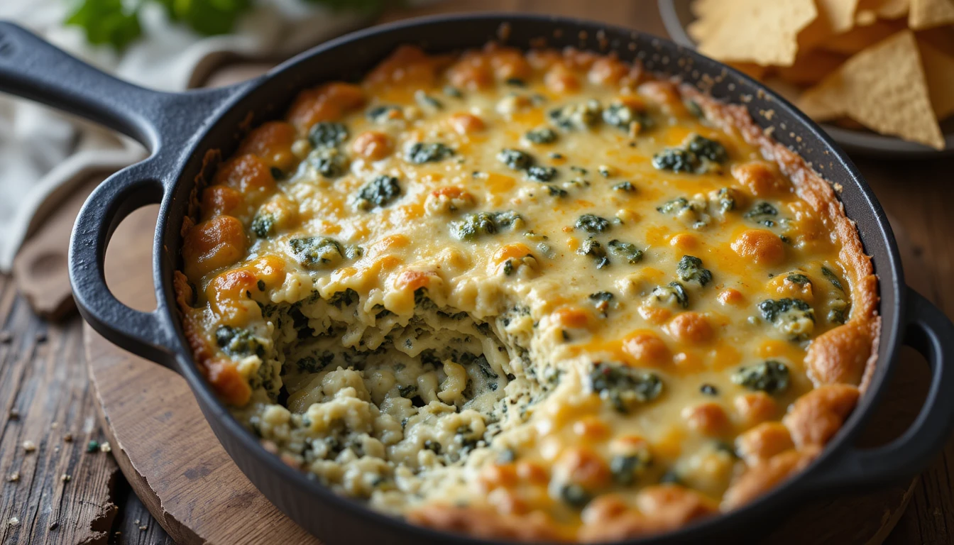 Applebee’s Spinach Artichoke Dip served hot with tortilla chips and bread slices.