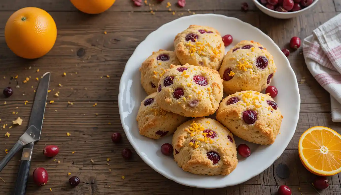 Freshly baked Easy Cranberry Orange Scones with cranberries and orange zest on a rustic wooden table