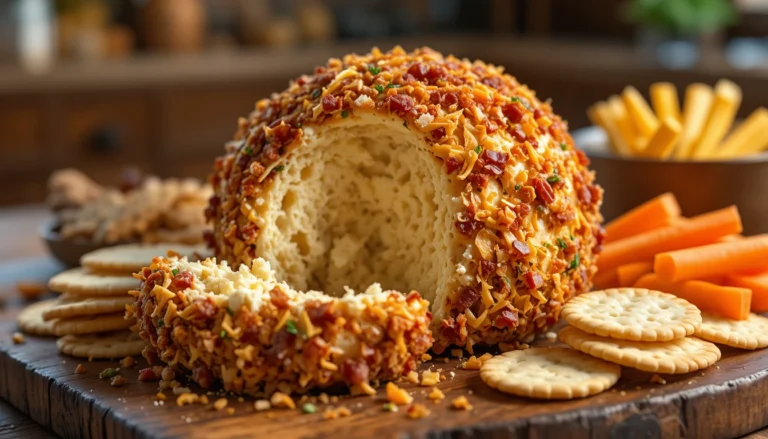 Bacon Ranch Cheddar Cheese Ball coated in bacon and cheese served with crackers and veggies