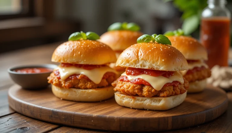 Chicken Parmesan Sliders with crispy chicken, melted mozzarella, and marinara sauce served on slider buns.