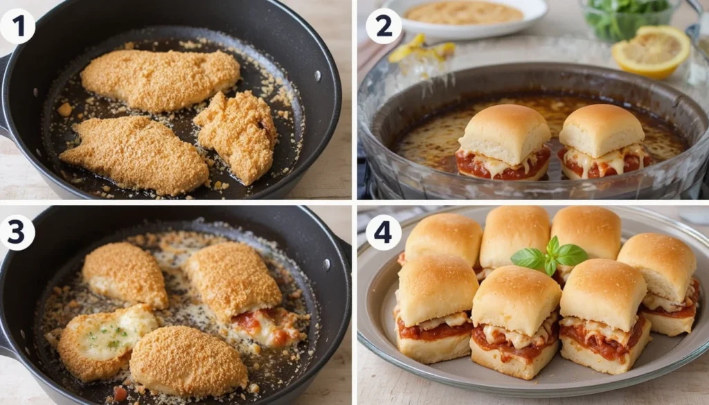 Step-by-step instructions for making Chicken Parmesan Sliders from breading to baking to serving.