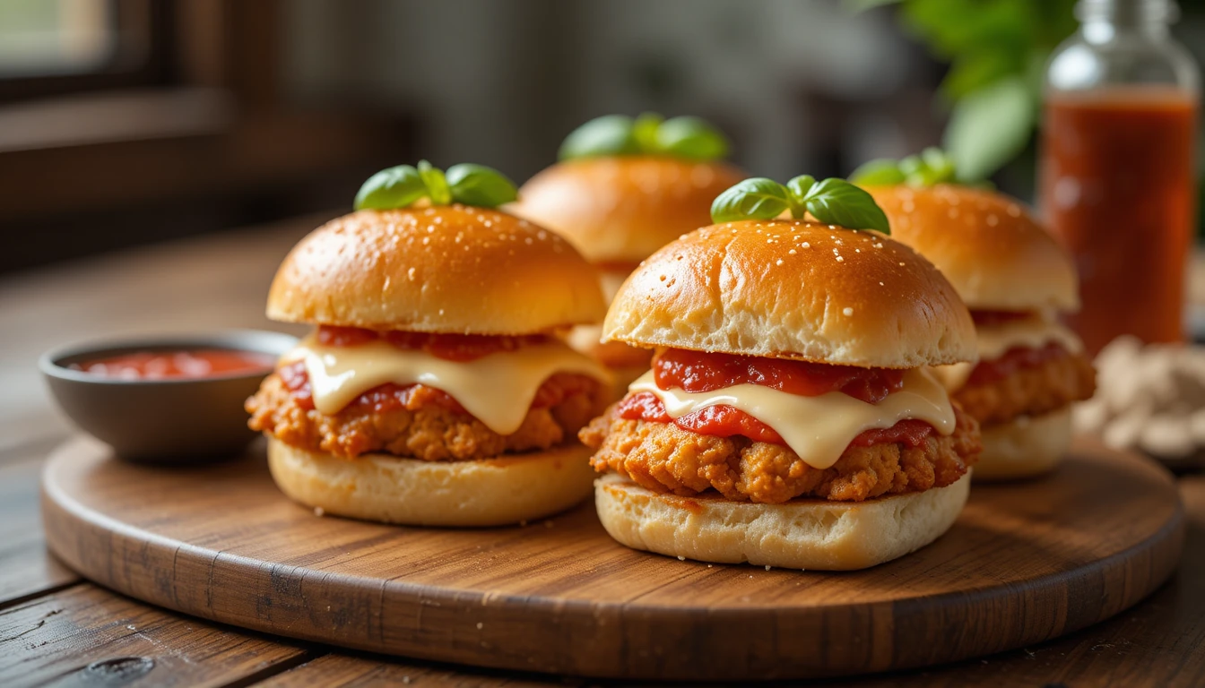 Chicken Parmesan Sliders with crispy chicken, melted mozzarella, and marinara sauce served on slider buns.